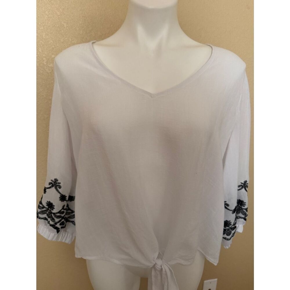 Olivia & Martin White V-Neck Tie-Front Blouse with Black Embroidered Sleeves